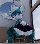  3d_(artwork) anthro armwear barbell_piercing big_butt bottomwear butt canid canine canis chihuahua clothing crouching digital_media_(artwork) domestic_dog ear_piercing ear_ring elbow_gloves eyewear ezra_the_gaia facial_piercing fan_character fingerless_gloves gaia glasses gloves half-closed_eyes hand_on_butt handwear hi_res huge_butt kirby_animatez legwear looking_back male mammal mirror narrowed_eyes nose_piercing nose_ring piercing ring_piercing sega shirt shorts smug_grin solo sonic_the_hedgehog_(series) stockings t-shirt thick_thighs toeless_legwear toeless_stockings topwear toy_dog 