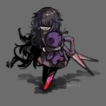  1girl black_hair blood blood_on_feet commentary_request dress full_body grey_background grin highres holding holding_stuffed_toy limbus_company parsley_q project_moon scissors sidelocks simple_background smile solo stuffed_toy voodoo_doll white_dress will_you_play? 