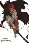  1boy absurdres beard black_cape cape closed_mouth collared_shirt copyright_name facial_hair fire floral_print flower glowing glowing_eye gryphon_(one_piece) haki_(one_piece) highres holding holding_sword holding_weapon looking_at_viewer male_focus menacing nikinea one_piece pants red_hair red_pants shanks_(one_piece) shirt short_hair solo sword twitter_username weapon white_shirt 