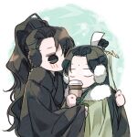  2boys bamboo bindi black_cloak black_hair black_hanfu blank_eyes blush border brown_eyes chibi chibi_only chinese_clothes cloak commentary cup curtained_hair disposable_coffee_cup disposable_cup dressing_another drinking earmuffs eetttaaa fur-trimmed_cloak fur_trim green_background half_updo hanfu high_ponytail holding holding_cup long_sleeves looking_at_another luo_binghe male_focus multiple_boys no_mouth no_nose parted_bangs ponytail ribboned_xiao_guan shen_qingqiu snowing the_scum_villain's_self-saving_system untranslatable_commentary wavy_hair white_border wide_sleeves winter winter_clothes yaoi 