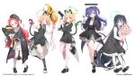  5girls animal_ears aris_(blue_archive) balloon beret black_hair black_jacket black_shorts black_vest blonde_hair blue_archive blue_eyes bobby_socks bouquet bow cat_ears cocktail_glass commentary_request cup drinking_glass full_body green_eyes green_halo gun hair_between_eyes hair_bow halo handgun hat holding holding_bouquet hugging_doll hugging_object jacket kneehighs loafers long_hair long_sleeves looking_at_viewer mary_janes mechanical_halo medium_skirt midori_(blue_archive) miniskirt momoi_(blue_archive) multiple_girls official_art ohara_tometa one_eye_closed one_side_up open_mouth pink_halo promotional_art purple_eyes purple_hair red_eyes red_hair shirt shoes short_hair shorts skirt socks tail thigh_strap two_side_up very_long_hair vest weapon white_background white_shirt yuuka_(blue_archive) yuzu_(blue_archive) 