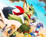  4girls animal_ears aoguma_(jtpa4525) arm_guards basset_hound black_gloves black_hair black_jumpsuit black_nose black_tank_top carol_tea cat_ears cat_girl chinese_knot commentary dragon_girl earphones english_commentary fingerless_gloves freedom_planet freedom_planet_2 furry furry_female gloves green_eyes green_fur green_shorts highres jumpsuit long_animal_ears long_hair milla_basset multiple_girls neera_li one_eye_closed orange_hair panda_ears panda_girl pink_eyes purple_hair red_scarf romper sash_lilac scarf short_hair shorts sleeveless_jumpsuit striped_fur tank_top twintails water_dragon white_fur 