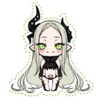  1girl bare_shoulders barefoot black_horns black_liquid breasts chibi commentary_request forehead full_body goddess_of_victory:_nikke green_eyes grey_hair horns leviathan_(nikke) liquid_clothes motsunabegame pointy_ears pubic_tattoo simple_background small_breasts smile tattoo white_background 
