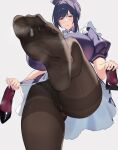  1girl apron assertive_female black_pantyhose breasts cobacomimiz33 commentary_request feet foot_focus foreshortening high_heels highres large_breasts looking_at_viewer looking_down maid maid_apron maid_headdress original panties panties_under_pantyhose pantyhose presenting_foot purple_hair red_eyes seito_edaha short_hair simple_background skirt smell soles standing standing_on_one_leg sweaty_feet toes underwear white_background 
