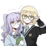  2girls black_cardigan blonde_hair blue_cardigan blue_hair blue_necktie bow bowtie cardigan collared_shirt commentary_request drooping emma_grace_rosenthal glasses green_eyes grey_bow grey_bowtie highres jougasaki_suzuran korean_commentary long_hair long_sleeves multiple_girls necktie sayongsa school_uniform shirt short_hair simple_background tayutau_koi_no_chirigiwa_ni two_side_up upper_body white_background yellow_eyes 
