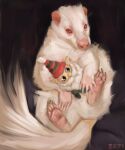  2021 albino alexpahomov feet feral fur hi_res holding_object holding_toy mammal mephitid pink_feet pink_nose red_eyes sitting skunk solo toy whiskers white_body white_fur 