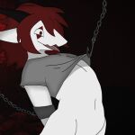  1:1 anthro bound chain chained chained_cuffs clothing clown dragon femboy grey_clothing grey_shirt grey_topwear hair hi_res hook male male/male mythological_creature mythological_scalie mythology raganlier red_eyes red_hair scalie sellgibs shirt solo topwear white_body 