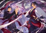  1boy 1girl bishop_duffiel black_eyes black_gloves black_hair black_hakama black_robe black_sash blue_eyes breasts cassock cleavage closed_mouth commentary_request cowboy_shot faceoff fingerless_gloves floating_hair gloves gourd hakama hannya haori high_ponytail highres holding holding_sword holding_weapon japanese_clothes kagura_(kagurai) kagurai_~kagura_and_raito~ katana kimono large_breasts long_hair looking_at_another magic mashutarou_(neko_no_oyashiro) mask noh_mask obi parted_lips ponytail priest red_kimono red_sash robe samurai sash scabbard serious sheath short_hair standing stole sword tall_female tama_kanzashi teeth unsheathing weapon white_haori wind 