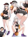  1boy 1girl =_= alternate_costume arm_at_side aroused_nosebleed ass ball baseball_cap basketball_(object) basketball_jersey basketball_uniform black_hair black_hat black_panties black_shirt black_shorts black_sports_bra blood blush bottle braid breasts chicago_bulls closed_mouth clothes_writing commentary commission corrupted_twitter_file crown_braid elf emilia_(re:zero) english_commentary full_body grey_hair grin hair_ornament hair_slicked_back hat high_tops highres holding holding_ball large_breasts long_hair multiple_views natsuki_subaru navel nike_(company) nosebleed one_eye_closed open_mouth panties parted_lips pointy_ears purple_eyes re:zero_kara_hajimeru_isekai_seikatsu scorecard shirt shoes short_shorts short_sleeves shorts sideways_mouth simple_background sitting smile sneakers sports_bottle sports_bra sports_panties sportswear standing sweatband tied_shirt underwear underwear_writing very_long_hair white_background wiping_sweat wristband x_hair_ornament zerobarto 