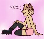  2026 anthro black_boots black_clothing black_footwear bone boots briefs canid canine canis chest_tuft clothed clothing colored digital_drawing_(artwork) digital_media_(artwork) domestic_dog english_text epic_games femboy fetch_(fortnite) footwear fortnite fur hand_on_ground hand_on_knee hand_on_leg hi_res leggings legwear male mammal partially_clothed pink_clothing pink_underwear pomeranian shoes side_eye simple_background sitting sketch smile smirk solo spitz styxyesrenegade tail text topless topless_male tuft underwear 