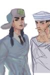  2boys black_eyes black_hair black_necktie blood braid collarbone collared_shirt commentary dixie_cup_hat english_commentary grape_hat_ornament green_hat green_jumpsuit hat higashikata_josuke_(jojolion) highres jojo_no_kimyou_na_bouken jojolion jumpsuit long_sleeves male_focus mamezuku_rai military_hat multiple_boys necktie nosebleed rocacola sailor sailor_collar sailor_hat shirt twin_braids ushanka white_hat white_shirt 