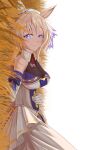  1girl absurdres animal_ears beret blonde_hair breasts cleavage closed_mouth commentary cowboy_shot detached_sleeves dress ear_covers gloves grass hat highres horse_ears horse_girl hyaku_(yaisaka) large_breasts long_hair looking_at_viewer on_ground purple_eyes sideways single_ear_cover smile solo umamusume victoire_pisa_(lueur_angelique)_(umamusume) victoire_pisa_(umamusume) white_dress white_gloves white_hat white_sleeves 