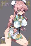  1girl artist_name blue_eyes blush breasts bun_cover china_dress chinese_clothes cleavage cleavage_cutout clothing_cutout commentary_request commission crossed_bangs double-parted_bangs double_bun dress english_text foot_out_of_frame green_nails hair_between_eyes hair_bun hair_ornament kneeling large_breasts long_hair looking_at_viewer mandarin_collar maria_cadenzavna_eve nail_polish navel navel_cutout parted_lips pink_hair senki_zesshou_symphogear side_slit sidelocks skeb_commission sleeveless sleeveless_dress solo twitter_username uganda_(ugandam_00) very_long_hair wavy_sidelocks 
