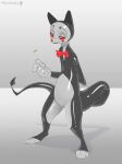  ambiguous_gender anthro belly black_body bow_tie clothing coin coin_flip glistening glistening_arms glistening_belly glistening_clothing glistening_eyes glistening_face glistening_gloves glistening_goo glistening_handwear glistening_tail glistening_thighs gloves goo_creature handwear hi_res latex_creature looking_at_viewer plumlucky red_eyes red_nose shadow simple_background smile solo tail three-quarter_view white_body white_clothing white_gloves white_handwear 