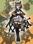  1girl absurdres animal_ears arknights black_jacket black_tiara boots breasts brown_eyes brown_hair buckle cat_ears cat_girl cat_tail commentary_request dress flower flower_dress green_background hair_between_eyes hair_flower hair_ornament hair_vines highres holding holding_flower jacket large_breasts light_frown medium_hair not1628 orange_jacket red_pupils rose scissors solo tail thigh_boots thighs tiara two-sided_fabric two-sided_jacket vendela_(arknights) white_dress zoom_layer 