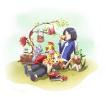  1boy 1girl black_hair black_socks black_thighhighs blonde_hair blue_eyes blue_jacket book calem_(pokemon) chespin cup disposable_cup fennekin froakie gincra_(ginko06) hat holding holding_cup jacket lying_on_lap poke_ball poke_ball_(basic) pokemon pokemon_(creature) pokemon_x_and_y red_skirt serena_(pokemon) sitting skirt socks thighhighs tree_stump unworn_hat unworn_headwear 