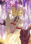  1girl absurdres blonde_hair bow commentary_request dress flower_request hair_bow hat hat_ribbon highres long_hair long_sleeves looking_at_viewer mob_cap purple_tabard red_bow ribbon solo tabard touhou uninosono watermark white_dress wide_sleeves yakumo_yukari 