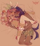  1boy 1girl 2023 alternate_costume alternate_hair_color analogous_colors animal_ear_hairband animal_ears artist_name aubrey_(faraway)_(omori) aubrey_(omori) bare_arms bare_legs bare_shoulders bed_sheet black_hair blush bow bow_hairband bow_legwear bow_panties boxers bra breasts bright_pupils brown_background bulge cactus_print censored closed_mouth clothing_aside collar commentary cropped_legs dark-skinned_male dark_skin dog_boy dog_ears dog_tail english_commentary english_text erection erection_under_clothes eye_contact eyes_visible_through_hair fake_animal_ears fake_tail fang film_grain fingering fingering_from_behind fingernails frilled_bra frilled_panties frills green_eyes green_hairband green_male_underwear hair_over_shoulder hairband hand_up head_on_pillow heart heart_censor heart_print hetero heterochromia highres holding holding_leash interracial kel_(faraway)_(omori) kel_(omori) kemonomimi_mode knee_up leash leg_hair long_hair looking_at_another lying male_underwear medium_hair multicolored_hair navel no_sclera no_shoes nostrils omori on_bed on_side open_mouth panties panties_aside paw_print pillow pink_bow pink_hair pussy pussy_juice rabbit_ear_hairband rabbit_ears rabbit_tail raised_inner_eyebrows red_collar roots_(hair) sidelocks simple_background sintastein skindentation small_breasts smile sound_effects spiked_collar spikes stomach tail tail_bow tail_ornament tail_through_clothes tail_wagging teeth thighhighs topless_male turning_head two-tone_hair underwear underwear_only upper_teeth_only vaginal wavy_mouth white_bra white_panties white_pupils white_tail white_thighhighs 