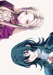  2girls blue_eyes edelgard_von_hresvelg female_byleth_(fire_emblem) fire_emblem fire_emblem:_three_houses green_hair hair_ribbon highres long_hair looking_at_viewer multiple_girls ponzuponta39 purple_hair purple_ribbon ribbon sidelocks sideways simple_background smile upper_body white_background white_hair 