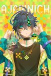  1boy absurdres ajaw_(genshin_impact) aqua_headband aqua_jacket black_choker black_hair black_shirt blonde_hair character_doll character_name charm_(object) chinese_commentary choker commentary_request doll genshin_impact green_eyes green_hair hair_between_eyes headband highres humanization jacket jewelry kinich_(genshin_impact) liu_(erzplubdduik93g) long_sleeves male_focus multicolored_hair neck_tattoo necklace shirt short_hair simple_background solo tattoo 