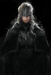  1girl bandaged_arm bandages black_background black_capelet black_dress black_hood blindfold_mask breasts capelet closed_mouth commentary covered_eyes dark_souls_(series) dark_souls_iii dopey_(dopq) dress facing_viewer fire_keeper fromsoftware grey_hair hair_over_shoulder highres hood hood_down hooded_capelet jewelry light_particles lips long_hair mask medium_breasts nose own_hands_together pendant realistic simple_background solo straight-on turtleneck upper_body v_arms 