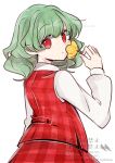  1girl closed_mouth commentary flower flower_request green_hair highres kazami_yuuka long_sleeves looking_at_viewer medium_hair plaid_clothes plaid_skirt plaid_vest red_eyes red_skirt red_vest shirt simple_background skirt skirt_set smelling smelling_flower solo tama_(hiroshige_36) touhou twitter_username vest watermark white_background white_shirt yellow_flower 