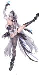  1girl absurdres aimu_(angry9565) alternate_costume arm_up asymmetrical_legwear black_bow black_gloves black_shoes black_socks bow breasts bug butterfly butterfly_on_hand commentary_request detached_sleeves en_pointe from_side full_body gloves grey_hair hair_bow highres kneehighs large_breasts leotard liv_(pgr) long_hair looking_at_viewer looking_to_the_side median_furrow pink_eyes punishing:_gray_raven shoes shoulder_blades sideways_glance simple_background single_leg_pantyhose socks solo standing standing_on_one_leg very_long_hair white_background white_leotard 
