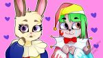  2020 3_fingers anthro apron arms_bent artist_name bangs bent_arm black_eyebrows blue_clothing blue_topwear bodypaint bow_tie brown_body brown_ears brown_eyebrows brown_fur brown_lips brown_markings cankefh cheek_tuft closed_smile clothed clothed_anthro clothed_female clothed_male clothing clown_costume colored digital_drawing_(artwork) digital_media_(artwork) duo english_description eyebrow_through_hair eyebrows eyelashes face_paint facial_tuft female female_anthro fingers floppy_ears frilly frilly_apron frilly_clothing fur green_hair hair handpaw heart_symbol hearts_around_head heterochromia hi_res lagomorph leporid light lighting lips long_ears lop_ears male male_anthro mammal markings medium_hair mouth_closed multicolored_clothing multicolored_topwear outline paws pink_background pink_inner_ear pink_nose purple_eyes rabbit red_bow_tie red_clothing red_eyes red_topwear shaded short_hair simple_background smile tan_body tan_fur tan_hair text topwear translucent translucent_hair tuft whisker_spots white_outline 