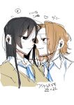  2girls absurdres akiyama_mio black_hair blush brown_eyes brown_hair brown_sweater collared_shirt commentary_request hand_on_another's_shoulder heart highres k-on! long_hair looking_at_another multiple_girls sakuragaoka_high_school_uniform school_uniform shirt simple_background smile spoken_heart suzuo_(zuo) sweater tainaka_ritsu white_background white_shirt wireless_earphones yuri 