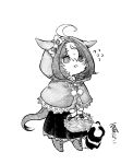  1girl :3 @_@ absurdres ahoge alternate_costume animal_ear_hood animal_ears basket boots capelet chibi commentary_request flying_sweatdrops frilled_skirt frills full_body hairband highres holding holding_basket hood hooded_capelet horse_ears horse_girl horse_tail long_sleeves mame_nabe_donko meisho_doto_(umamusume) multicolored_hair open_mouth pom_pom_(clothes) shirt skirt solo standing streaked_hair tail tanuki traditional_media umamusume wrapped_in_blanket 