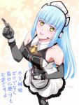  1girl :d apron artist_name bare_shoulders black_gloves blunt_bangs blunt_ends breasts commentary_request detached_collar detached_sleeves dress eiyuu_densetsu gloves gradient_background headset hime_cut index_finger_raised kai_no_kiseki kuro_no_kiseki_(series) long_hair looking_at_viewer maid_apron maid_headdress medium_breasts necktie open_mouth pointing pointing_up puritan_collar risette_twinings short_necktie sidelocks simple_background smile solo translation_request upper_body white_dress xiacheng_tatsuya yellow_background yellow_eyes yellow_necktie 