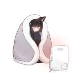  1girl absurdres animal_ear_fluff animal_ears black_hair blunt_bangs blush cat_ears cat_girl closed_eyes closed_mouth commentary_request full_body heater highres kuro_(uchi_no_kuroneko_onnanoko) long_hair megateru simple_background solo uchi_no_kuroneko_onnanoko white_background wrapped_in_blanket 