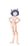 1girl ^_^ animal_ears anime_coloring barefoot blue_hair bow bow_hairband bra breasts cat_ears clenched_teeth closed_eyes collarbone extra_ears fake_animal_ears full_body game_asset hair_bow hairband hands_on_own_hips highres large_variant_set mahotama maki_daikichi medium_breasts mei_(mahotama) navel official_art panties red_bow short_hair simple_background smile solo standing tachi-e teeth third-party_source transparent_background underwear underwear_only variant_set white_bra white_panties 