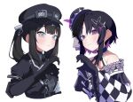  2girls arm_belt bandaged_arm bandages bare_shoulders black_choker black_coat black_dress black_gloves black_hair black_hat black_kimono black_ribbon bow butterfly_hair_ornament butterfly_hat_ornament checkered_sleeves choker closed_mouth coat collared_dress commentary cropped_torso dress flower furisode gloves goggles goggles_on_headwear grey_eyes hair_ornament hat hat_flower hat_ornament heart heart_hands heart_hands_duo highres housho_margo japanese_clothes kimono kurobe_nanoka lolita_fashion long_hair long_sleeves looking_at_viewer mahou_shoujo_no_majo_saiban mini_hat mini_top_hat monday_grim multiple_girls neck_ribbon off-shoulder_dress off_shoulder plaid_clothes plaid_dress purple_eyes ribbon short_hair simple_background top_hat twintails untranslatable_commentary upper_body wa_lolita white_background wide_sleeves 
