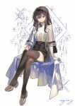  1girl absurdres arknights belt bow brown_eyes brown_hair closed_eyes commentary_request hairband hand_on_own_knee highres jacket jsnttzzj looking_ahead name_tag priestess_(arknights) shirt shoes sitting skirt sparkle thighhighs white_background zettai_ryouiki 