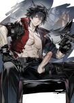  1boy abs animal_ear_fluff animal_ears arknights arknights:_endfield black_hair black_pants brown_gloves bullet closed_mouth coat commentary cropped_legs dog_tags dual_wielding erection extra_ears gloves gun handgun highres holding holding_gun holding_weapon jacket looking_at_viewer male_focus naked_jacket orange_eyes pants pectoral_cleavage pectorals penis red_coat scar scar_on_arm scar_on_chest scar_on_pecs short_hair sitting solo spread_legs tail testicles weapon wolf_boy wolf_ears wolf_tail wulfgard_(arknights) zhangjianguo 