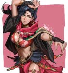  1girl arm_up black_bridal_gauntlets blue_hair blush breasts bridal_gauntlets circlet cleavage cloak crescent crescent_earrings dark-skinned_female dark_skin earrings fire_emblem fire_emblem:_fortune's_weave gold_choker gold_earrings green_eyes hand_up harem_outfit high_ponytail highres hooded_poncho jewelry large_breasts leda_(fire_emblem) looking_at_viewer nanbu_yasumi navel outstretched_arm parted_lips ponytail red_poncho skindentation smile solo stomach thigh_strap thighs 