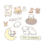  ... animal animal_focus baby_animal brown_dog chibi chihuahua clothed_animal commentary_request crescent_moon dog eating food highres korean_commentary korean_text licking moon no_humans original plate poodle puppy simple_background spoken_ellipsis summernight_12 translation_request white_background white_dog 