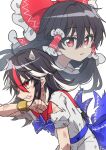  2girls absurdres back_bow black_hair blue_bow blue_bowtie bow bowtie brown_hair clenched_teeth closed_mouth commentary_request cone_horns dress frilled_bow frilled_hair_tubes frills grey_horns hair_between_eyes hair_bow hair_tubes hakurei_reimu highres horns kijin_seija long_hair multicolored_hair multiple_girls natsu_(tohotiara) puffy_short_sleeves puffy_sleeves red_bow red_eyes red_streaks scratches short_sleeves simple_background small_horns streaked_hair teeth torn_clothes torn_dress torn_sleeves touhou white_background white_streaks 