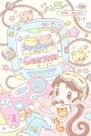  1girl :d battery_indicator bear_(summernight_12) blue_pants blush brown_hair cat_(summernight_12) commentary controller crt dragon game_cartridge game_controller handheld_game_console heisei_retro highres holding holding_handheld_game_console long_hair low_twintails nintendo_ds original pants pastel_colors playing_games polka_dot polka_dot_background score shirt shooting_star sitting sleep_mask smile solo sticker stuffed_animal stuffed_cat stuffed_toy summernight_12 television twintails untranslatable_commentary white_shirt yume_kawaii 