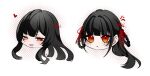  2girls anger_vein black_hair blunt_bangs chibi chibi_only hair_ribbon head_only heart kayoi mole mole_under_each_eye mole_under_eye mole_under_mouth multiple_girls multiple_moles original pout red_eyes ribbon sidelocks spoken_anger_vein white_background 