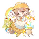  1girl absurdres animal baby_animal bear_hair_ornament bear_hat black_shoes blue_scrunchie blue_vest bow brown_eyes brown_hair buttons chibi chinese_commentary collared_dress commentary_request dog dot_nose dress eyelashes flower fluffy_waltz_dodobear_(infinity_nikki) frilled_dress frilled_sleeves frilled_vest frills hair_bow hair_ornament happy hat highres holding holding_paint_palette holding_paintbrush infinity_nikki light_blush light_particles long_dress mary_janes medium_hair neck_ribbon nikki_(series) nuli_de_chengzhi_er open_clothes open_mouth open_vest orange_ribbon paint_palette paint_splatter paint_splatter_on_face paint_tube paintbrush pantyhose parted_bangs patch piecey plaid_clothes plaid_dress plant potted_plant puffy_short_sleeves puffy_sleeves puppy rainbow red_scrunchie ribbon ribbon-trimmed_headwear ribbon_trim scrunchie shoes short_sleeves smile solo striped_clothes striped_dress striped_headwear striped_scrunchie sunlit_plush_bear_(infinity_nikki) tareme two-tone_scrunchie vertical-striped_clothes vertical-striped_dress vertical-striped_headwear vest white_background white_dog white_dress white_flower wrist_scrunchie yellow_bow yellow_hat yellow_pantyhose 