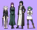  4girls :3 =_= arms_behind_back black_boots black_coat black_dress black_hair boots breasts coat commentary_request cosplay costume_switch cristicko3845 crossed_arms crossover dress elf fern_(sousou_no_frieren) fern_(sousou_no_frieren)_(cosplay) frieren frieren_(cosplay) fubuki_(one-punch_man) fubuki_(one-punch_man)_(cosplay) green_eyes green_hair grey_hair hand_on_own_hip large_breasts long_hair medium_skirt multiple_girls one-punch_man pelvic_curtain petite pointy_ears purple_eyes purple_hair short_hair siblings sisters skirt small_breasts sousou_no_frieren spanish_commentary tatsumaki tatsumaki_(cosplay) twintails white_dress white_skirt 
