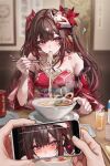  1boy 1girl ? alternate_breast_size_(larger) breasts brown_hair cellphone chopsticks commentary cup detached_sleeves dress eating english_commentary flower_tattoo food fox_mask hetero highres holding holding_chopsticks holding_phone holding_with_chopsticks honkai:_star_rail honkai_(series) implied_fellatio juxtaposition large_breasts long_hair mask mask_on_head noodles phone pov purple_eyes ramen red_dress restaurant shiroi2412 smartphone solo_focus sparkle_(honkai:_star_rail) tattoo twintails very_long_hair viewer_holding_phone 
