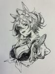  1girl agnes_tachyon_(lunatic_lab)_(umamusume) agnes_tachyon_(umamusume) ahoge animal_ears bikini breasts cleavage commentary_request criss-cross_halter cropped_torso greyscale hair_between_eyes halterneck highres horse_ears horse_girl jacket large_breasts monochrome official_alternate_costume ohayonabeno open_clothes open_mouth pointing pointing_at_viewer smile solo swimsuit tied_jacket umamusume 