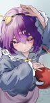  1girl blue_shirt blush closed_mouth colored_eyebrows commentary_request delta_delta disembodied_linked_eye dress eyeball frown hairband hand_up heart_ornament highres komeiji_satori long_sleeves looking_at_viewer purple_dress purple_eyes purple_hair shirt short_hair solo touhou upper_body wide_sleeves 