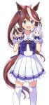  1girl animal_ears blue_eyes bow brown_hair character_puppet commentary cowboy_shot ear_ornament hair_between_eyes hand_puppet highres horse_ears horse_girl horse_tail long_hair mejiro_mcqueen_(umamusume) multicolored_hair odawara_hakone open_mouth pink_bow pleated_skirt ponytail puffy_short_sleeves puffy_sleeves puppet purple_bow purple_shirt school_uniform shirt short_sleeves simple_background skirt solo streaked_hair symboli_rudolf_(umamusume) tail teeth thighhighs tokai_teio_(umamusume) tracen_school_uniform umamusume upper_teeth_only white_background white_shirt white_streaks white_thighhighs 