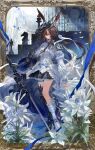  1girl absurdres amiya_(arknights) amiya_(guard)_(arknights) amiya_(guard)_(in_a_myriad_of_universes)_(arknights) animal_ears architecture arknights black_skirt blue_eyes boots border brown_hair chess_piece closed_mouth dress european_architecture flower fudepenbrushpen gauntlets gothic_architecture hair_between_eyes hat highres holding holding_sword holding_weapon infection_monitor_(arknights) jewelry long_hair long_sidelocks multiple_rings official_alternate_costume ornate_border ponytail rabbit_ears rabbit_girl ring ring_on_every_finger sidelocks single_armored_boot single_gauntlet skirt solo standing sword thigh_strap weapon white_boots white_dress white_flower 