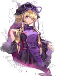  1girl alternate_color black_dress black_hat blonde_hair breasts bug butterfly butterfly_hair_ornament chinese_commentary closed_mouth commentary_request dress gap_(touhou) hair_ornament hat hat_ribbon highres long_hair long_sleeves looking_at_viewer medium_breasts mob_cap portal_(object) purple_eyes purple_ribbon purple_tabard ribbon shouxishao_jiuyuan smile solo tabard touhou wide_sleeves yakumo_yukari 