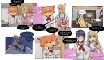  2girls absurdres animal_costume apron arm_around_neck black_shirt blonde_hair blue_shirt blush cho_kaguya-hime! commentary cookie english_commentary english_text food fox_costume green_eyes highres kaguya_(cho_kaguya-hime!) livestream long_hair mole mole_under_eye multiple_girls omnlet open_mouth pancake pink_apron purple_hair red_eyes sakayori_iroha shirt smile speech_bubble sweat white_shirt 